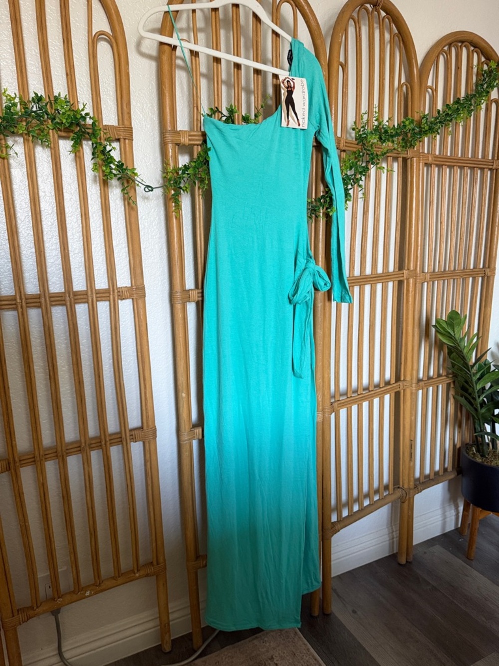 NAKED WARDROBE One-Shoulder Turquoise Maxi Dress with Side Tie